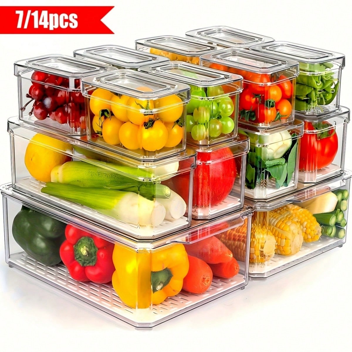 Food Storage Cabinet - 7/14-delige stapelbare koelkastopbergbakken met deksels, ruimtebesparende
