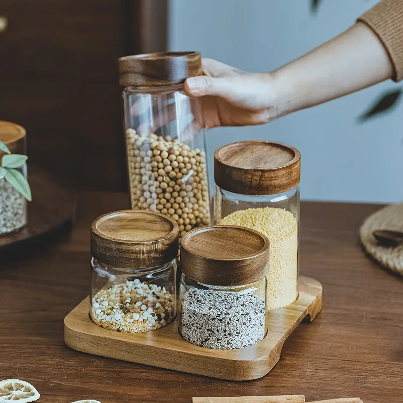 Food Storage Jar Set - Houten Deksel Orgnizer Glas Luchtdichte Bus